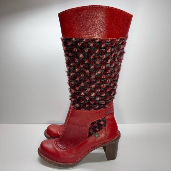 El Naturalista Women’s Red Leather Heeled Knit Boots Size EU 37 US 6.5 - Picture 2 of 12